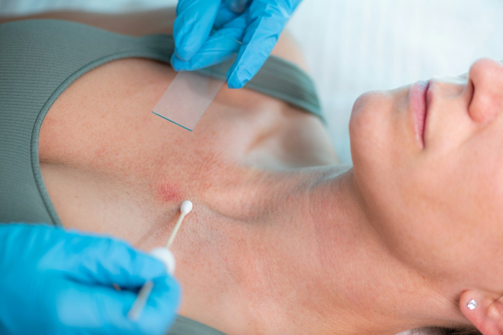 Dermatologist taking sample from patients skin and examining potential fungal infections